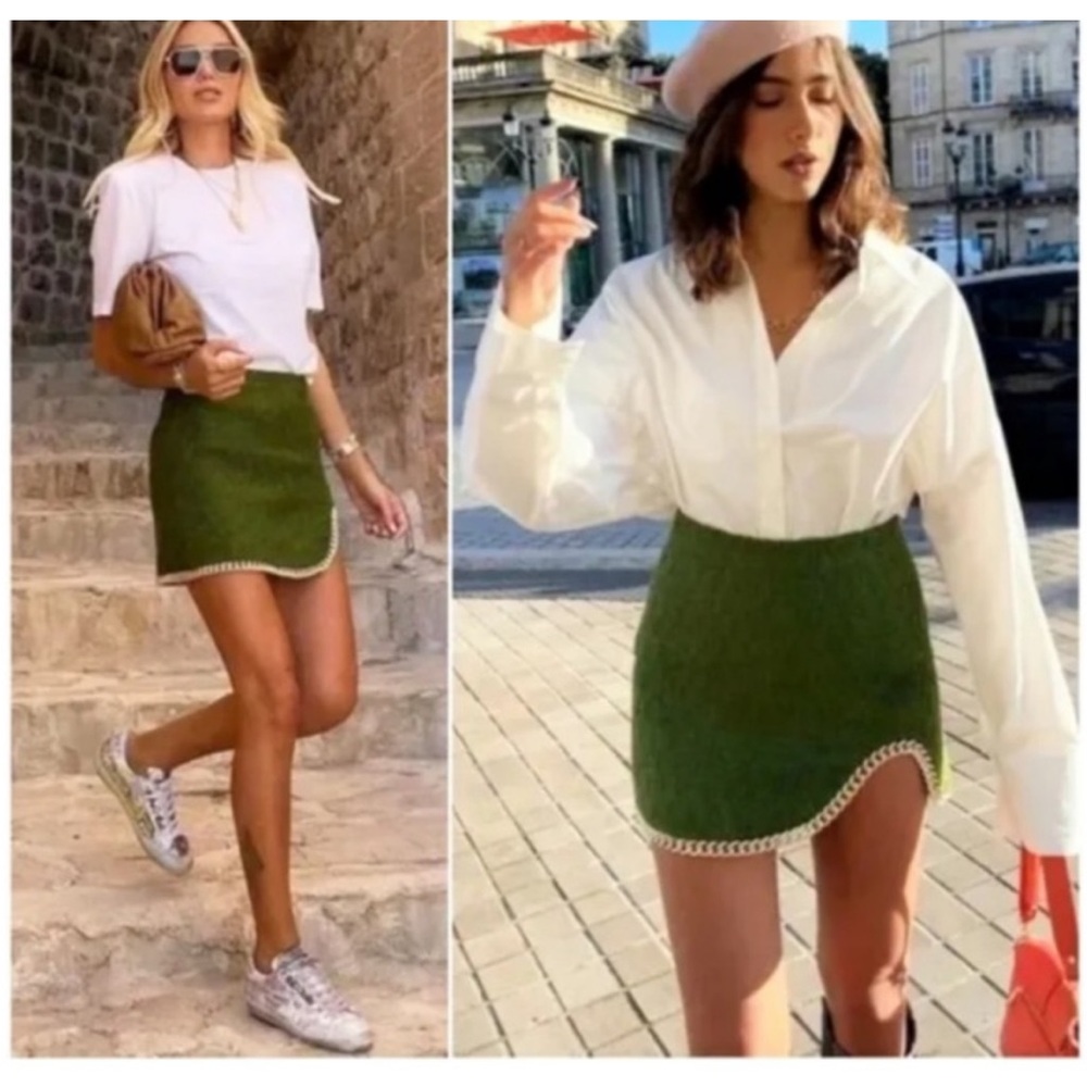 Zara green Tweed Skirt with Gold chain trim